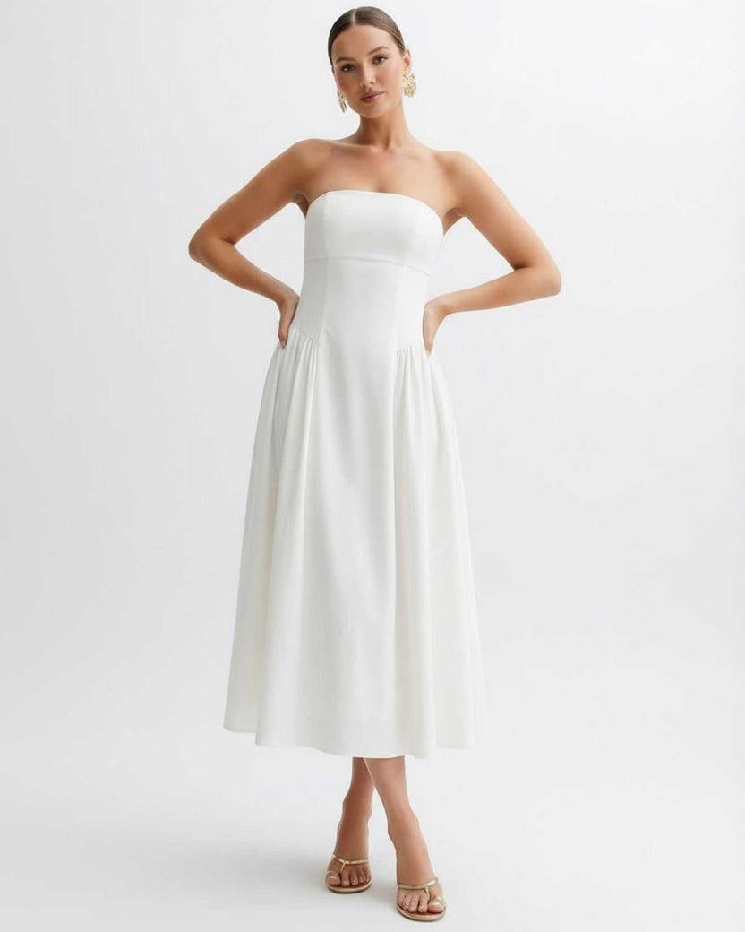 Elara Midi Dress - Strapless white midi dress with pleated skirt, designed by Lauven for timeless elegance.