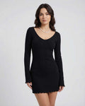 Elara Mini Dress by Lauven in classic black, featuring V-neck, slim fit, and long sleeves for a modern professional look.