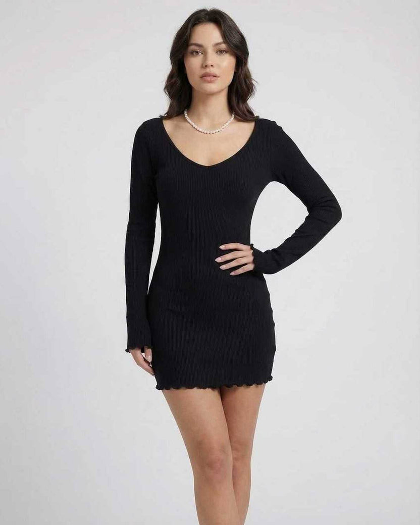 Elara Mini Dress by Lauven in Classic Black, V-Neck, Slim Fit, perfect for modern office wear.
