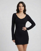 Elara Mini Dress by Lauven in Classic Black with V-Neck, Slim Fit, and long sleeves, perfect for office wear.