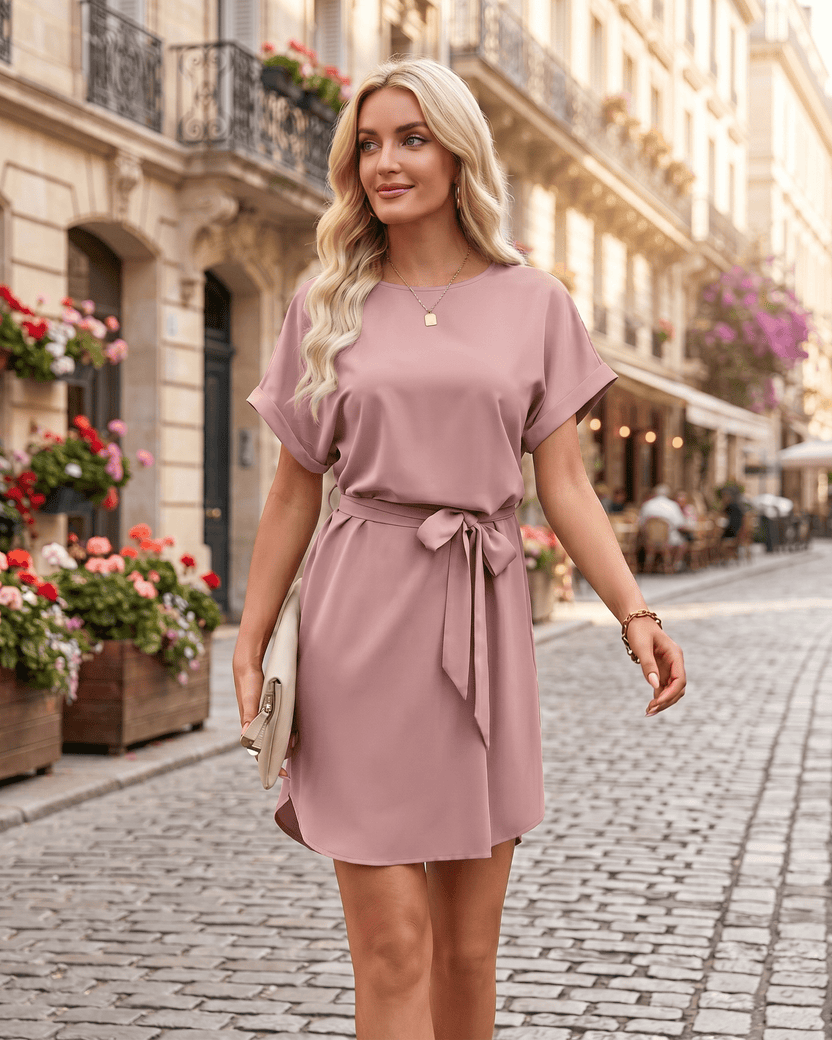 Elara Mini Dress in smooth woven fabric features a round neckline and self-tie waist belt by Lauven, perfect for a polished look.