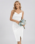 Elara Mini Dress featuring a white cowl neck sheath, delicate straps, and elegant slit by Lauven, perfect for special occasions.
