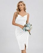Elara Mini Dress featuring a white cowl neck sheath, delicate straps, and elegant slit by Lauven, perfect for special occasions.
