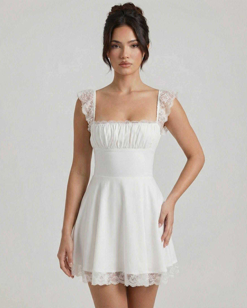 Elara Mini Dress by Lauven features lace cap sleeves and a fitted bodice, showcasing a vintage-inspired A-line silhouette.
