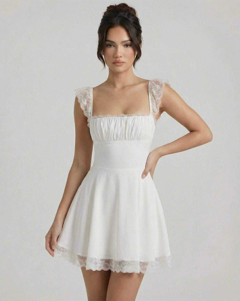 Elara Mini Dress by Lauven featuring a lace A-line silhouette with structured bodice and delicate cap sleeves.