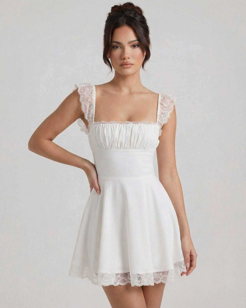 Elara Mini Dress by Lauven featuring lace cap sleeves and A-line silhouette in white linen-blend fabric.