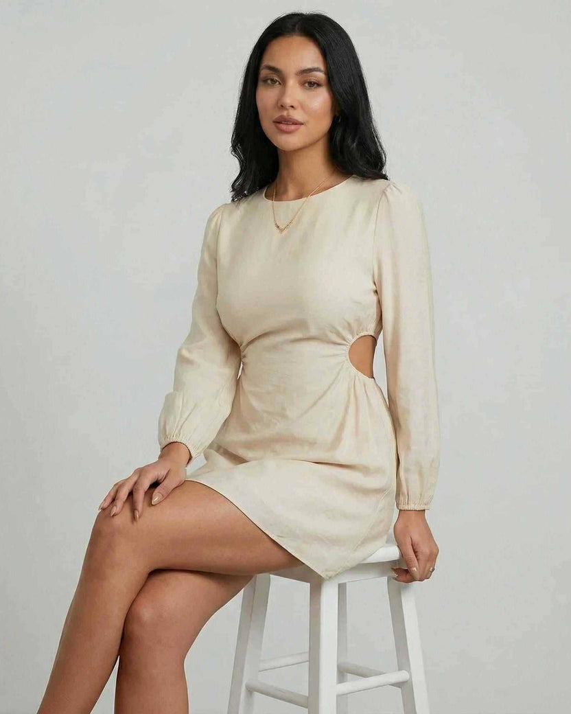 Lauven Elara Mini Dress featuring a long sleeve A-line silhouette and cut-out detail, perfect for autumn style.