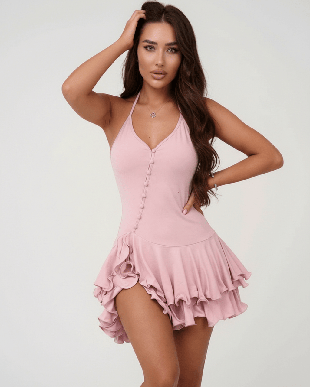 Elara Mini Dress by Lauven featuring a pink halter neck silhouette and ruffle hem for women's fashion.