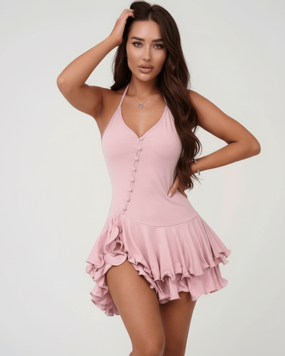 Elara Mini Dress by Lauven featuring a pink halter neck silhouette and ruffle hem for women's fashion.