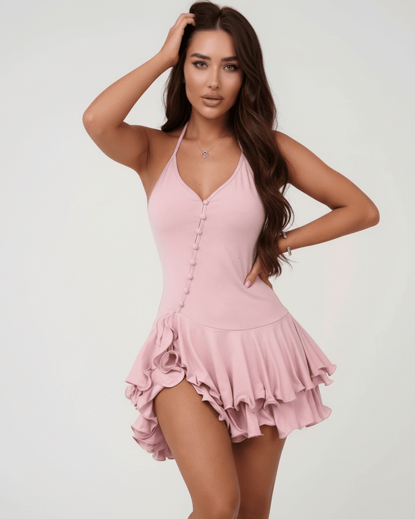 Elara Mini Dress by Lauven featuring a pink halter neck silhouette and ruffle hem for women's fashion.