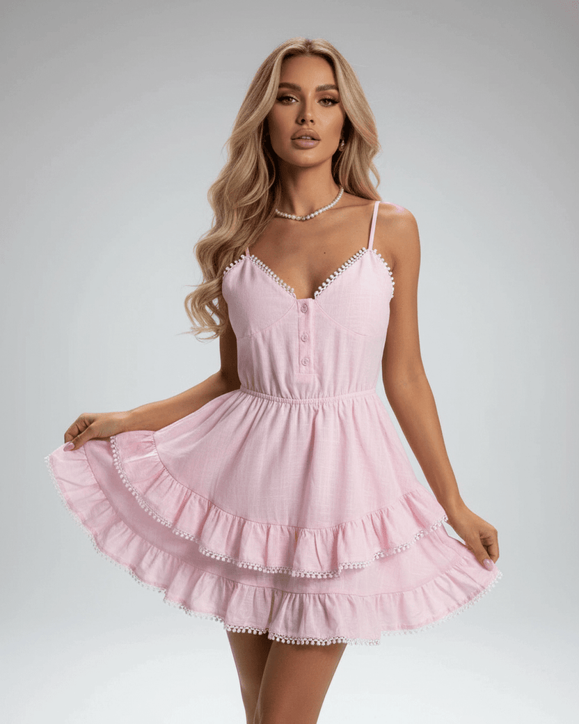 Elara Mini Dress by Lauven - soft pink mini dress with tiered ruffle skirt and lace trim detail.