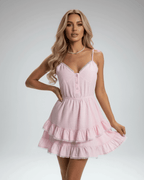 Elara Mini Dress by Lauven, soft pink with tiered ruffle skirt and lace trim, perfect for a feminine summer look.