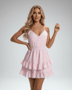 Elara Mini Dress by Lauven – Pink mini dress with tiered ruffle skirt and lace trim detail, perfect for summer outings.