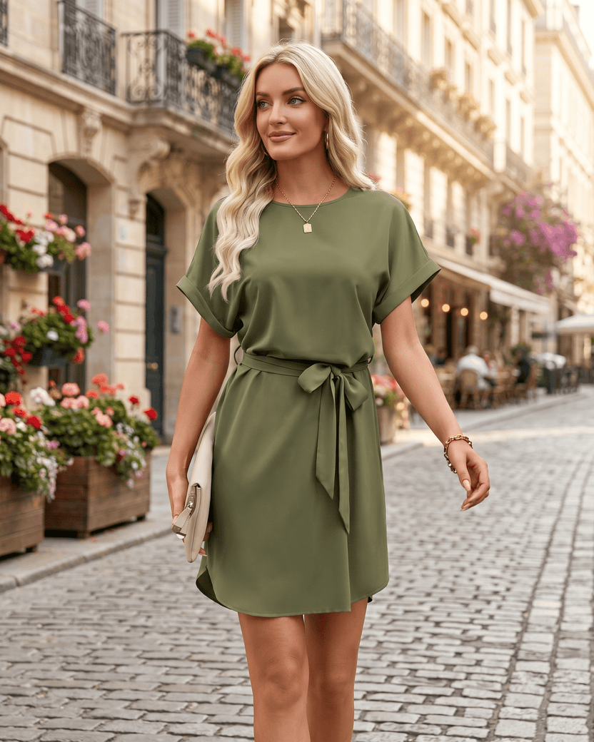 Elara Mini Dress in olive green with smooth woven fabric, round neckline, and self-tie belt from Lauven, perfect for casual outings.