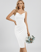 Elara Mini Dress in white featuring cowl neck, sheath silhouette, elegant slit, and designed by Lauven for modern sophistication.