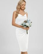 Elara Mini Dress with elegant cowl neck, sleek sheath silhouette, and bouquet, by Lauven.