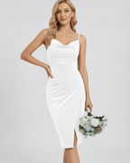 Elara Mini Dress featuring a white cowl neck sheath, elegant slit, and Lauven brand design, perfect for modern minimalism.