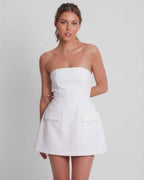 Elara Mini Dress by Lauven | Elegant white strapless A-line silhouette with structured fabric and fitted bodice.