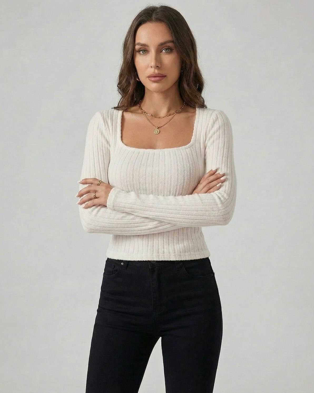 Elara Pullover by Lauven - Women’s white ribbed knit pullover sweater with long sleeves and structured neckline.
