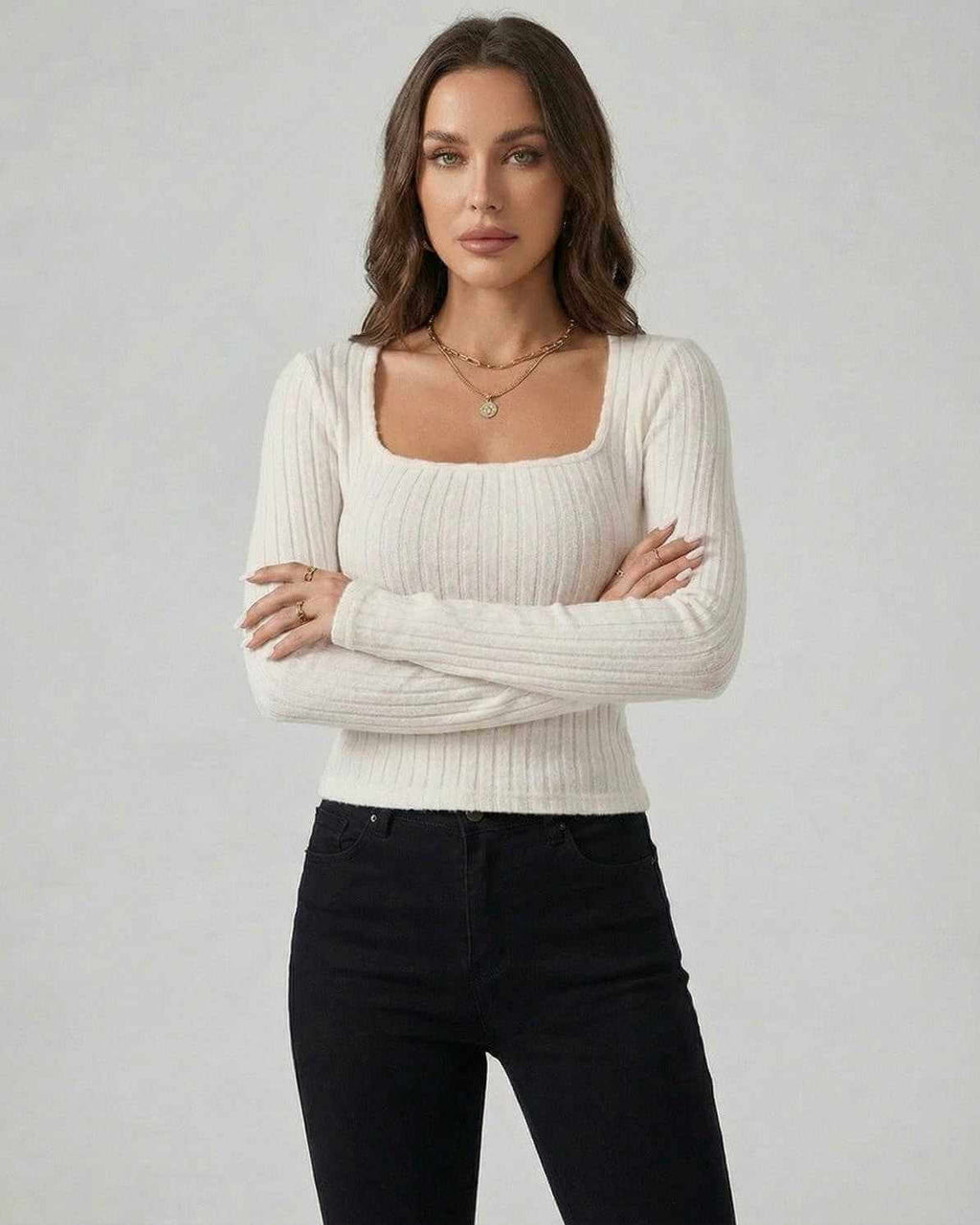 Elara Pullover – Women’s White Ribbed Knit Pullover Sweater by Lauven, featuring long sleeves and a square neckline.