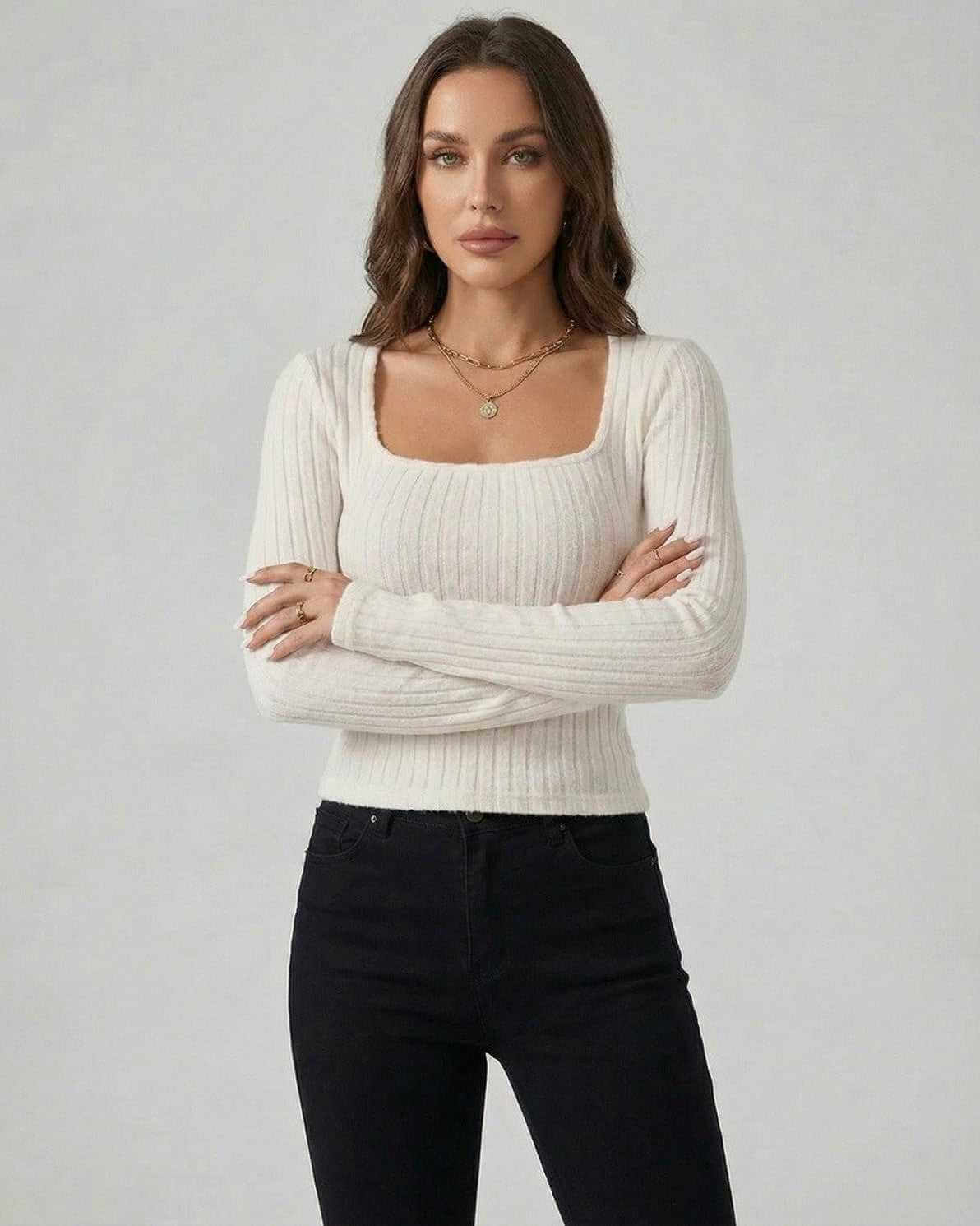 Elara Pullover – Women’s White Ribbed Knit Pullover Sweater by Lauven, featuring long sleeves and a square neckline.
