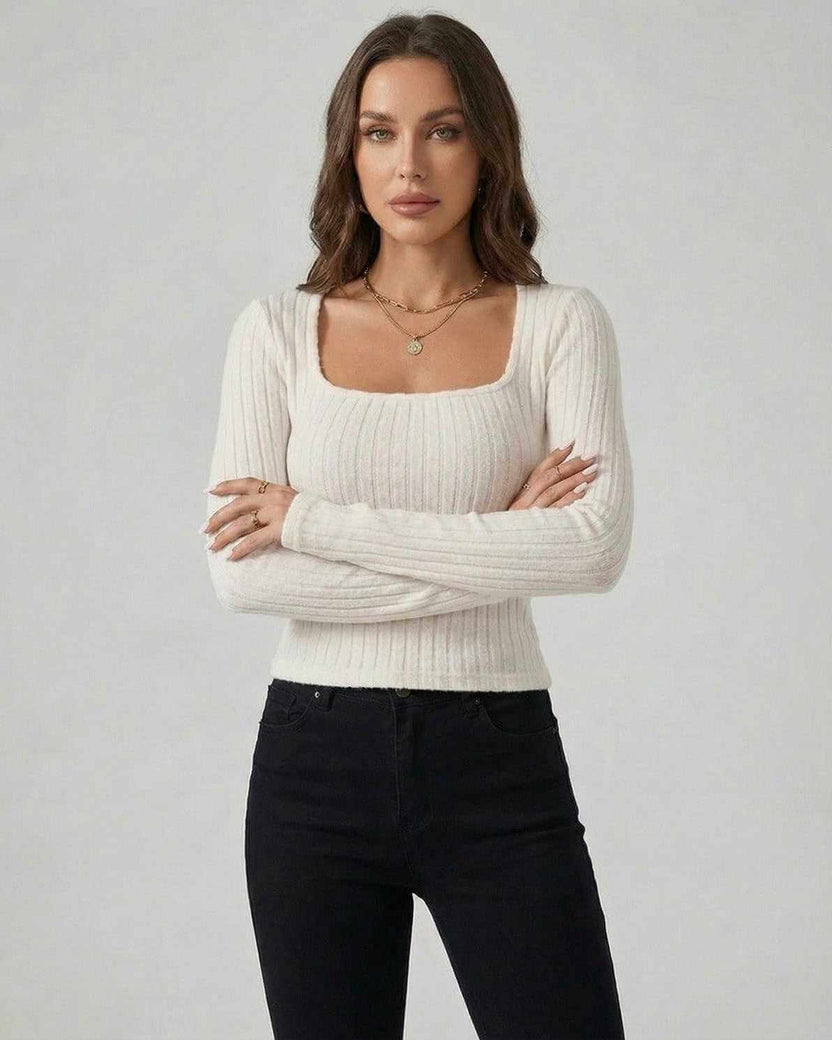 Elara Pullover – Women’s White Ribbed Knit Pullover Sweater by Lauven, featuring long sleeves and a square neckline.