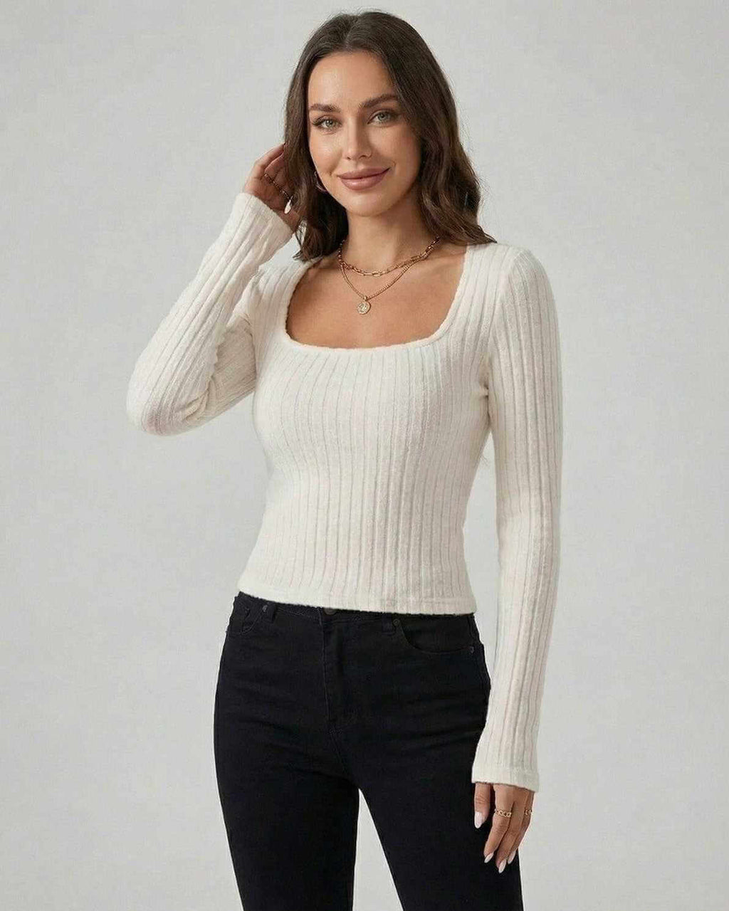 Elara Pullover by Lauven – Women's white ribbed knit pullover sweater with long sleeves and square neckline.