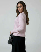 Elara Sweater by Lauven, women’s pink collared knit sweater with elegant long sleeves.