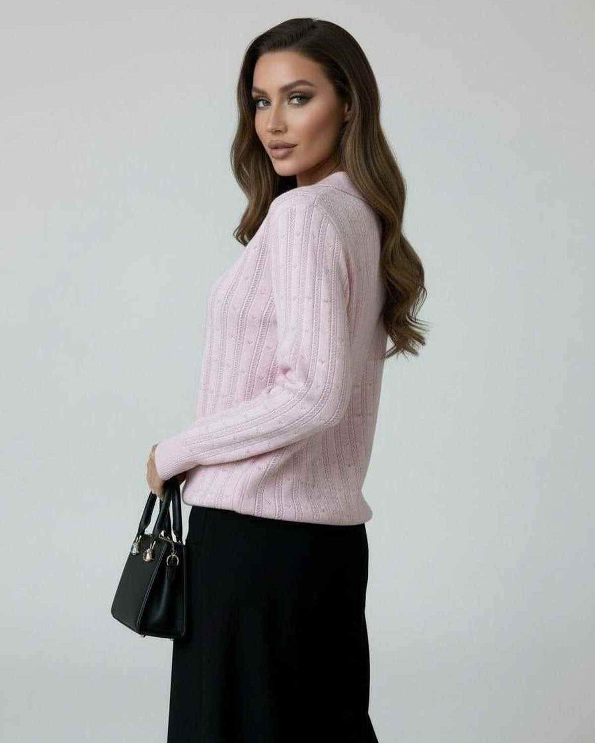 Elara Sweater by Lauven, women’s pink collared knit sweater with elegant long sleeves.