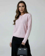Elara Sweater by Lauven - Women's pink collared knit sweater with long sleeves and elegant texture.