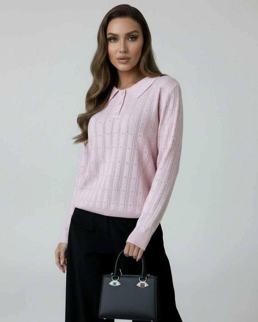 Elara Sweater by Lauven - Women's pink collared knit sweater with long sleeves and elegant texture.