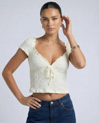 Elara Tie Top by Lauven - Ruched V-Neck Crop Blouse with adjustable tie detail and feminine silhouette.