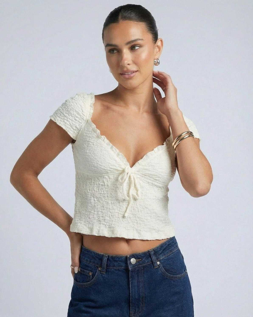 Elara Tie Top by Lauven - Ruched V-Neck Crop Blouse with front tie detail and feminine style.