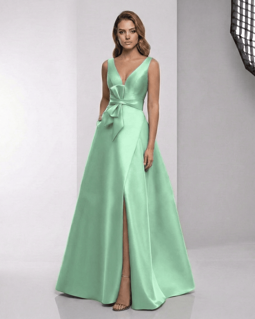 Elaris Maxi Dress in mint green satin, featuring A-line silhouette and modern wrap detail by Lauven.