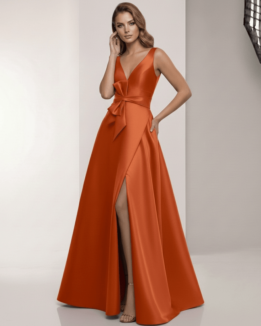 Elaris Maxi Dress – Orange satin A-line design with wrap slit and bow waist from Lauven, exuding elegance and modern style.