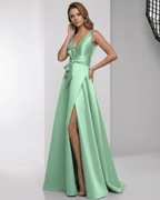 Elaris Maxi Dress in mint green satin with A-line silhouette and modern wrap detail by Lauven, perfect for special occasions.