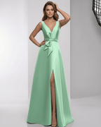 Elaris Maxi Dress with satin finish, A-line silhouette, mint green color, and elegant wrap detail by Lauven.