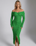 Elaris Midi Dress – Green off shoulder bodycon dress with button front, long sleeves, perfect for an elegant evening look by Lauven.