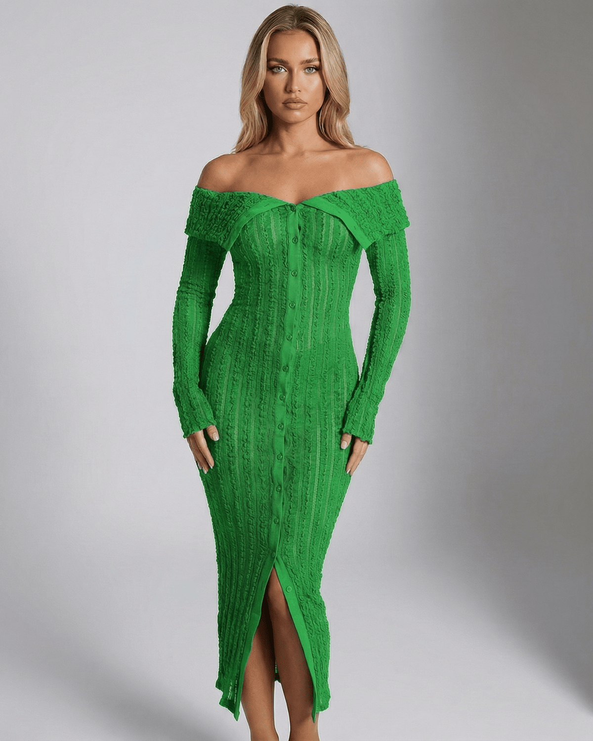 Elaris Midi Dress – Green off shoulder bodycon dress with button front, long sleeves, perfect for an elegant evening look by Lauven.
