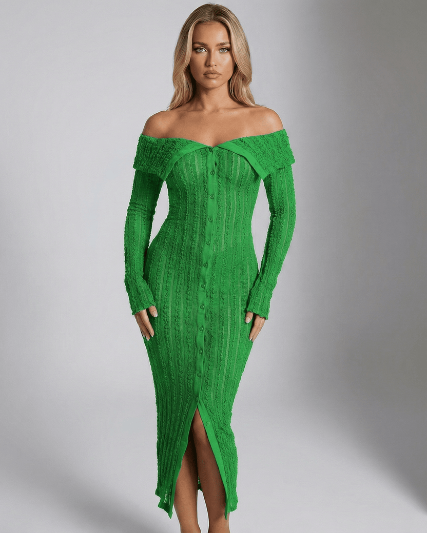 Elaris Midi Dress – Green off shoulder bodycon dress with button front, long sleeves, perfect for an elegant evening look by Lauven.