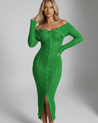 Elaris Midi Dress - Green off shoulder dress with button front, bodycon fit, by Lauven, exuding elegance and femininity.