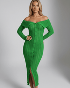 Elaris Midi Dress, green, off shoulder neckline, button front bodycon fit by Lauven, enhances silhouette with elegance.