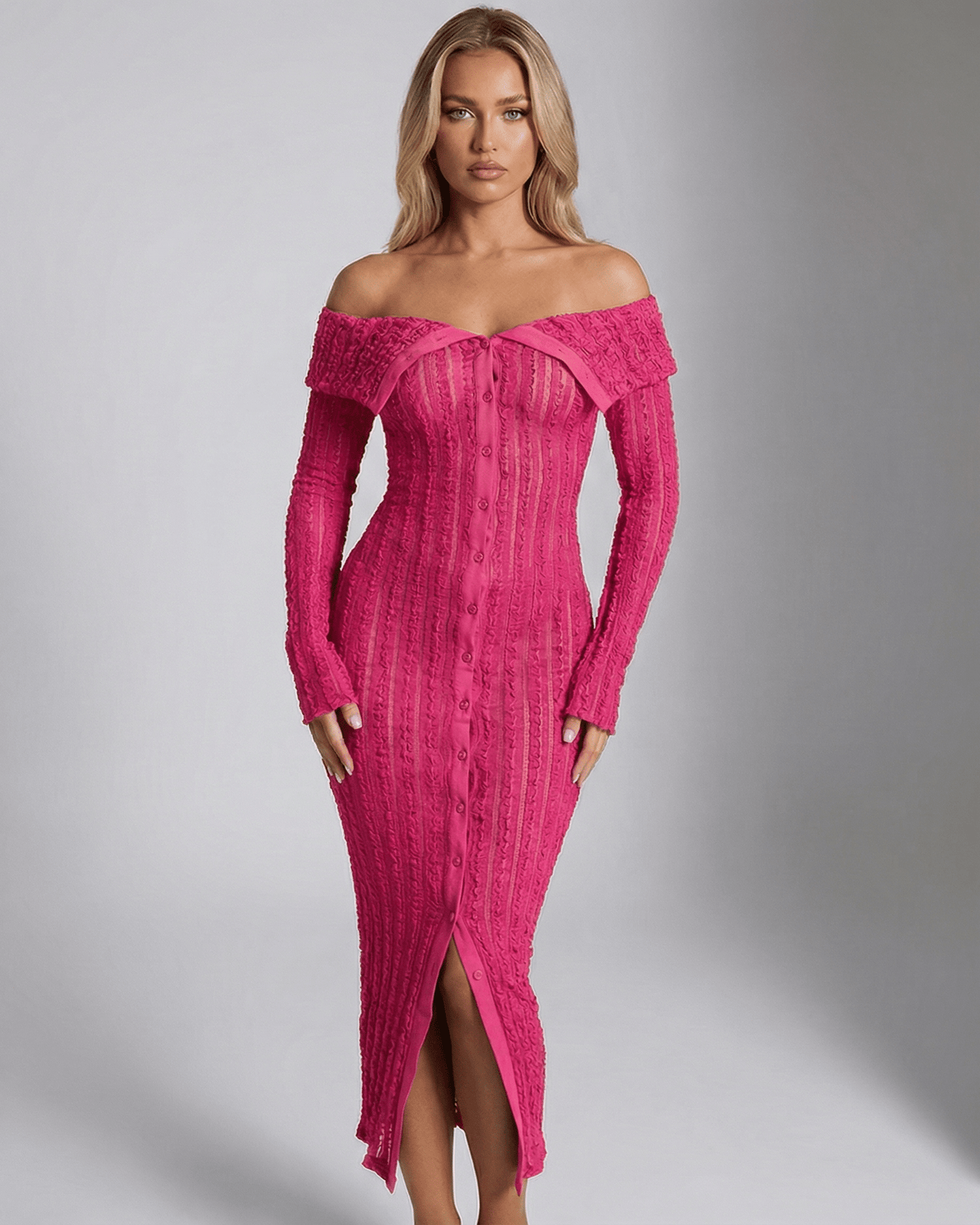 Elowen Midi Dress by Lauven, pink, off shoulder, long sleeve, bodycon fit, perfect for confident moments.