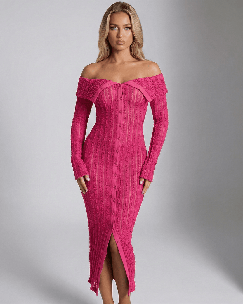 Elowen Midi Dress by Lauven, pink, off shoulder, long sleeve, bodycon fit, perfect for confident moments.