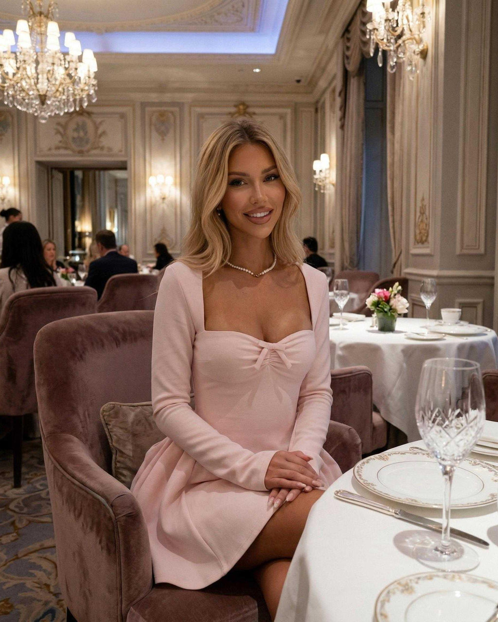 Elvire Mini Dress displayed in a luxurious setting, showcasing the light pink long sleeve fit-and-flare design by Lauven.