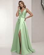 Elysia Maxi Dress - Elegant satin A-Line green dress with V-Neck and a chic flow, by Lauven.