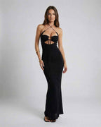 Elysia Maxi Dress by Lauven featuring a crisscross halter neckline and elegant fit in solid black.