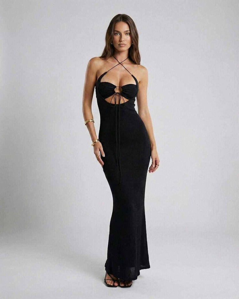 Elysia Maxi Dress by Lauven featuring a crisscross halter neckline and elegant fit in solid black.