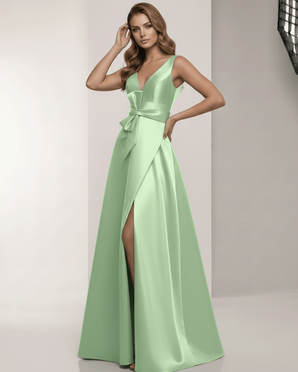 Elysia Maxi Dress featuring satin A-line design, V-neck elegance in soft green, by Lauven. Perfect for formal occasions.