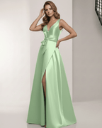 Elysia Maxi Dress featuring satin A-line design, V-neck elegance in soft green, by Lauven. Perfect for formal occasions.